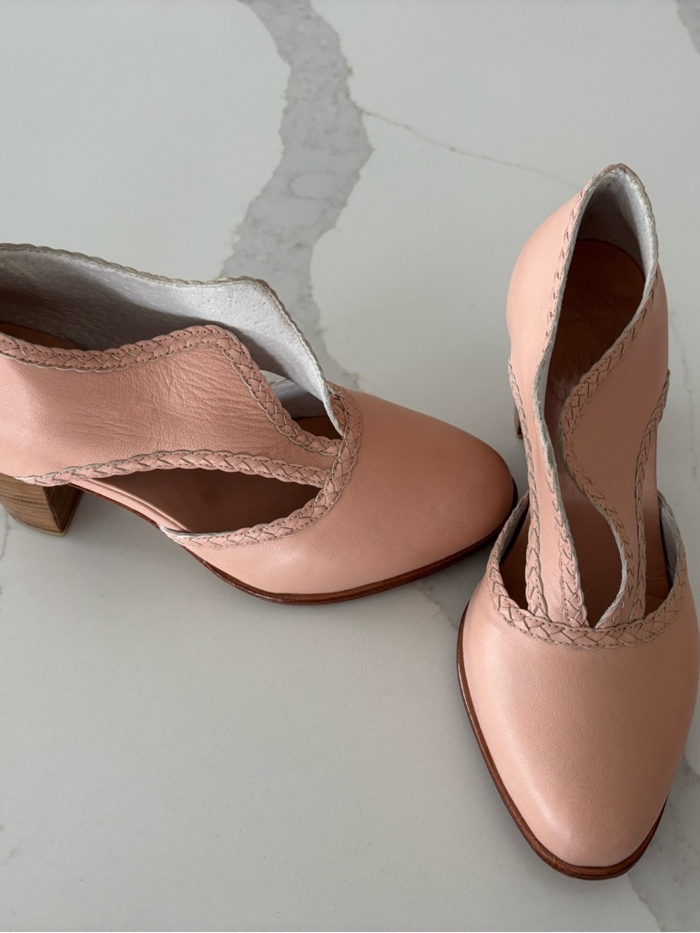 ELF Blush Pink Leather Braided Trim Mid-Heel Pumps